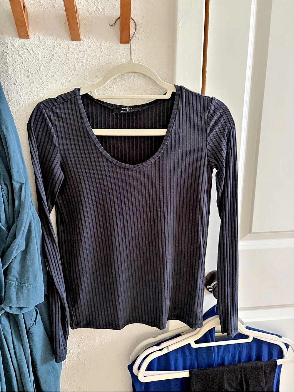 Brass Ribbed Long Sleeve Top in Black Size XS